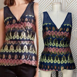 Anthropologie HD in Paris Yana Jacquard Top‎ Blouse Peplum Metallic Blue Size 2
